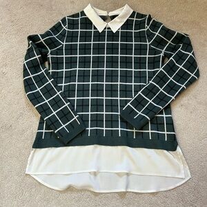 Tahari Women's Ribbed Windowpane Johnny-Collar Sweater Green Black White plaid